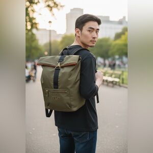 NWOT Jean Paul Gaultier Fold Over Roll Top Army Green Nylon Backpack